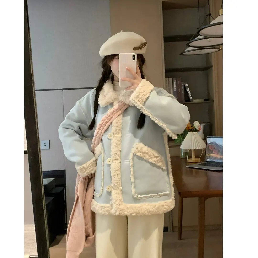 早秋冬新品双面穿设计麂皮蓝色皮毛一体加厚保暖毛毛外套女