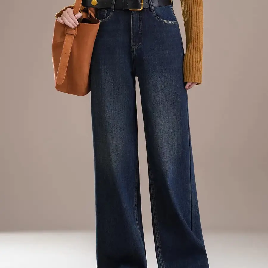秋冬加绒高腰宽松阔腿显瘦牛仔裤女时尚百搭