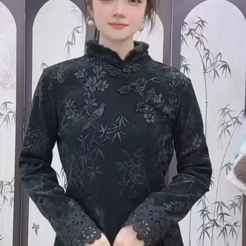 新中式立领盘扣加绒提花保暖打底衫