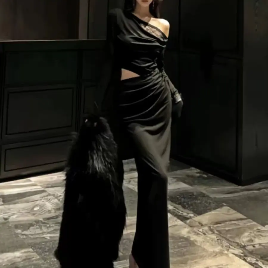 法式性感御姐风黑色斜肩长袖秋冬蕾丝修身包臀连衣裙