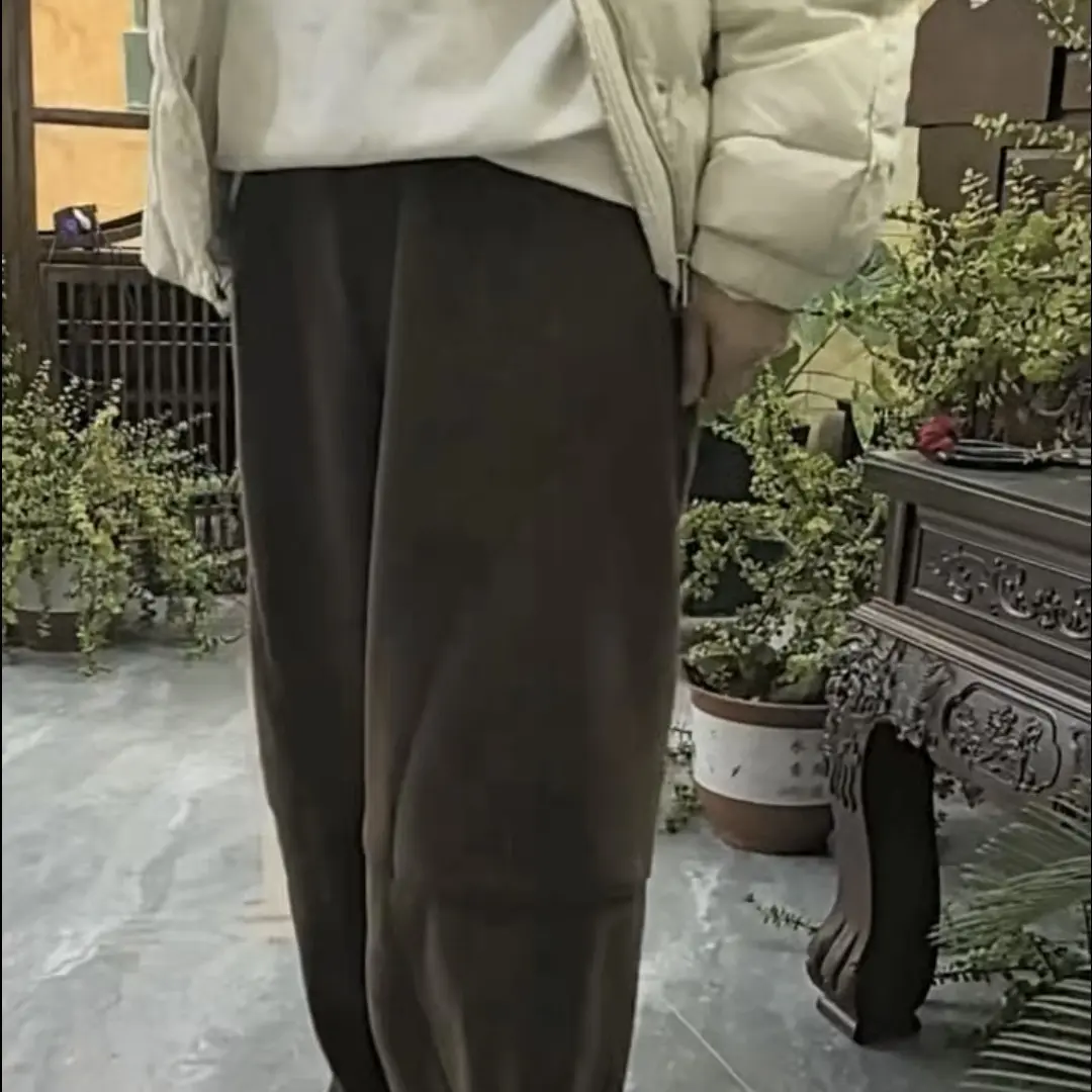 美拉德棕色加绒加厚女款阔腿裤休闲百搭拖地裤