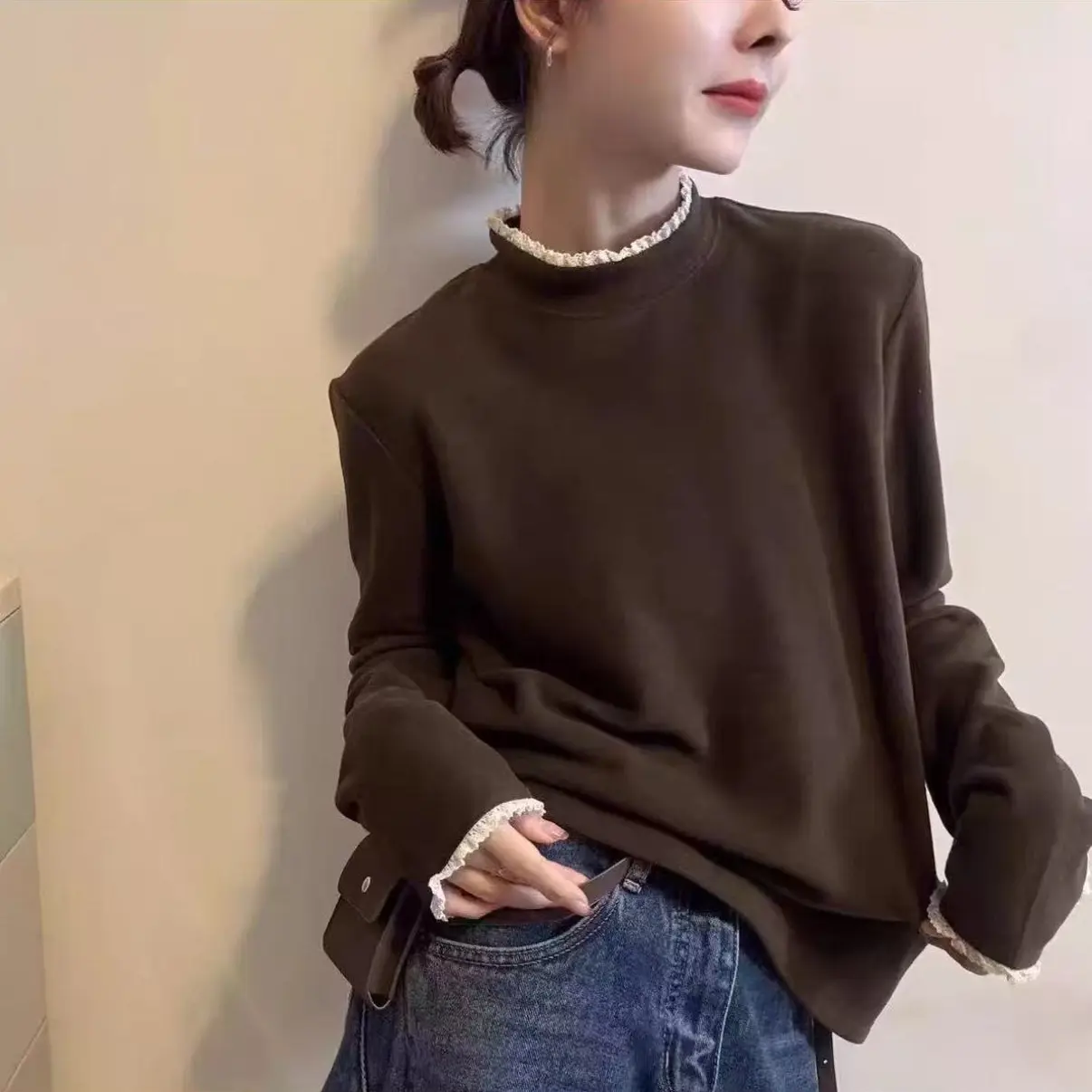 花边领德绒半高领长袖t恤女冬季拼接时尚减龄打底衫