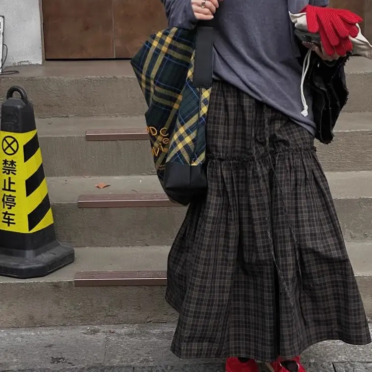 Wanggg【复古格纹】花边拼接褶皱松紧腰A字大摆通勤百搭半身裙