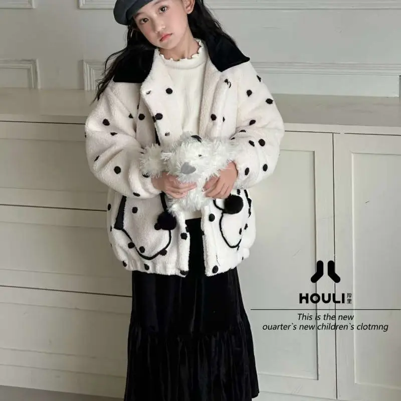 7003秋冬新款可爱小波点羊羔毛外套女童休闲毛毛衣中大童