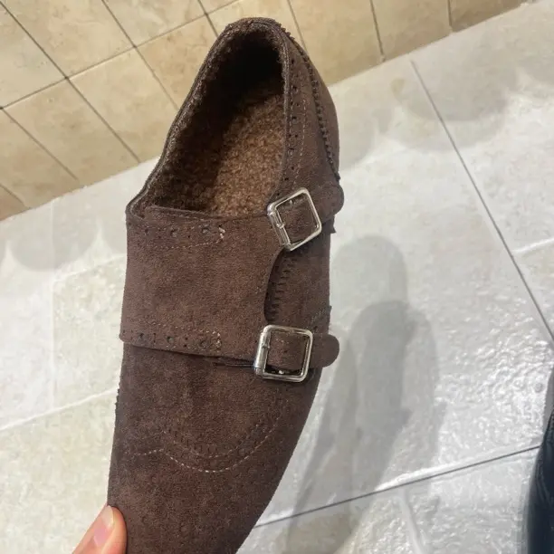 秋冬加绒布洛克雕花乐福鞋女圆头低跟绒面深口休闲单鞋潮流