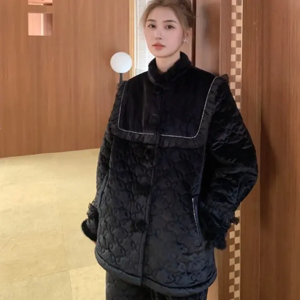 星辰舞梦冬季三层夹棉加绒加厚保暖女士可外穿睡衣家居服