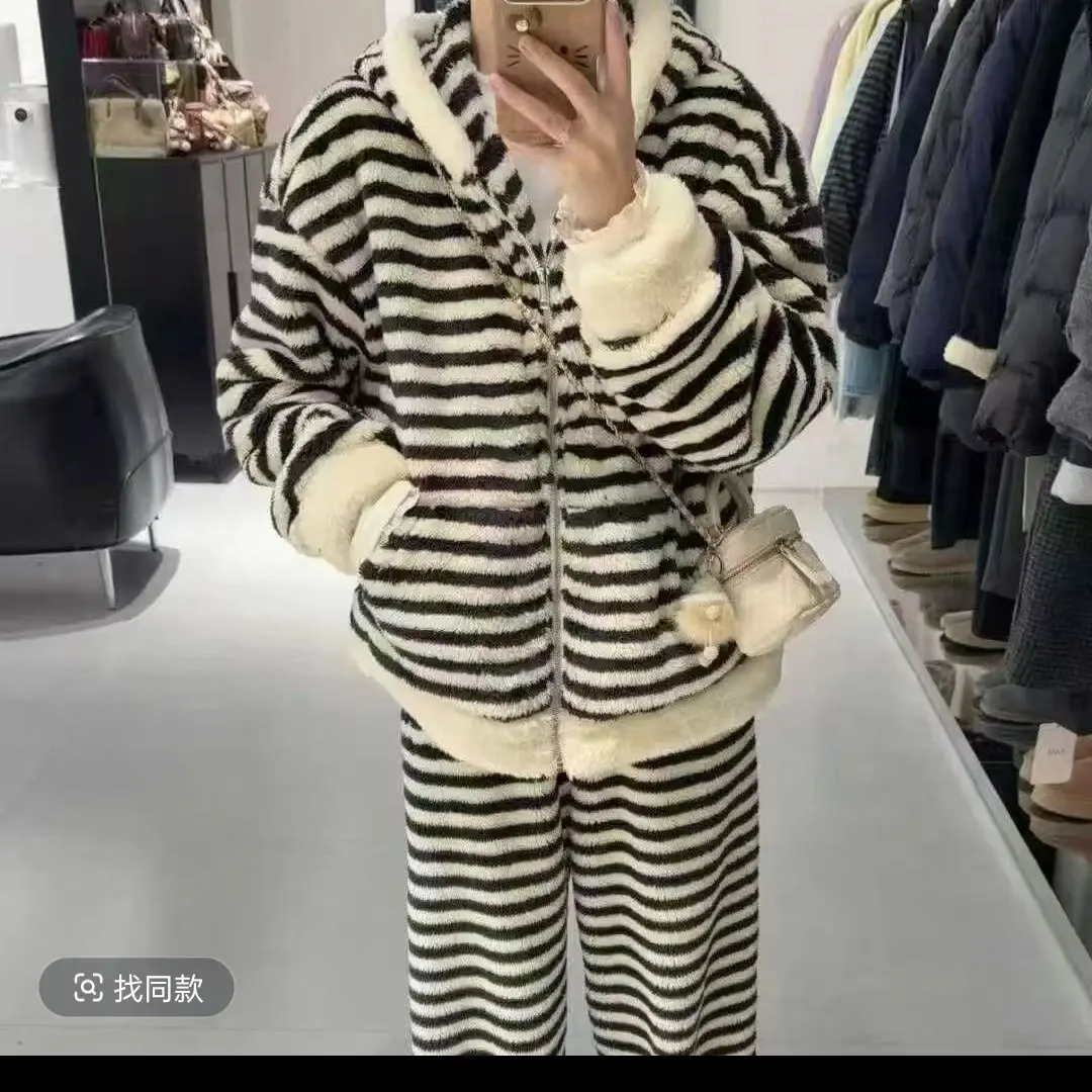 黑白条纹连帽毛绒长袖加厚保暖宽松休闲韩版家居服睡衣