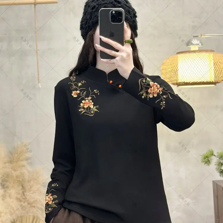 秋冬新款女长袖新中式加厚旗袍领古风刺绣修身显瘦打底衫内搭时尚