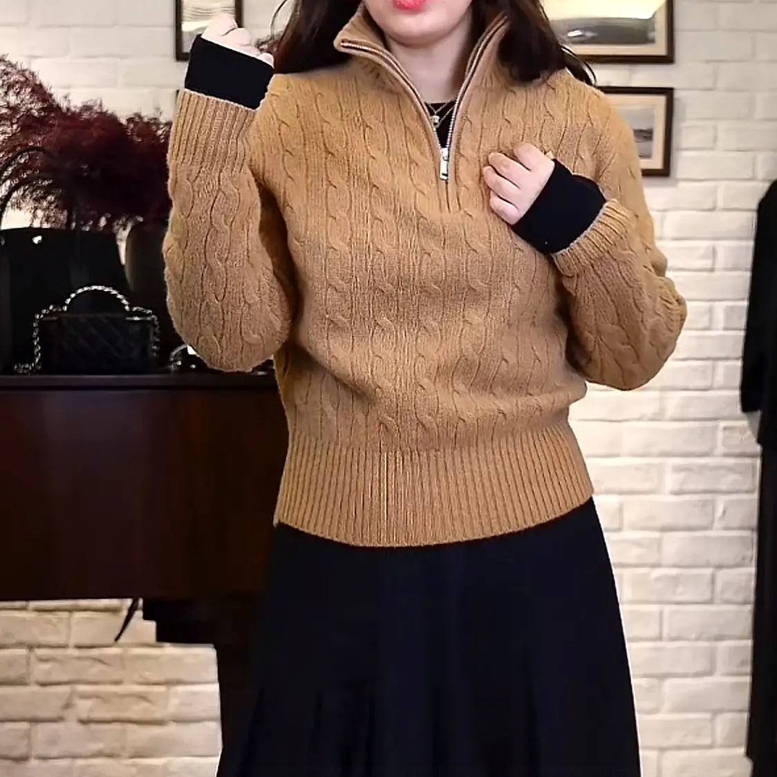 半拉链女毛针织衫气质高领针织翻领百搭秋冬学院风