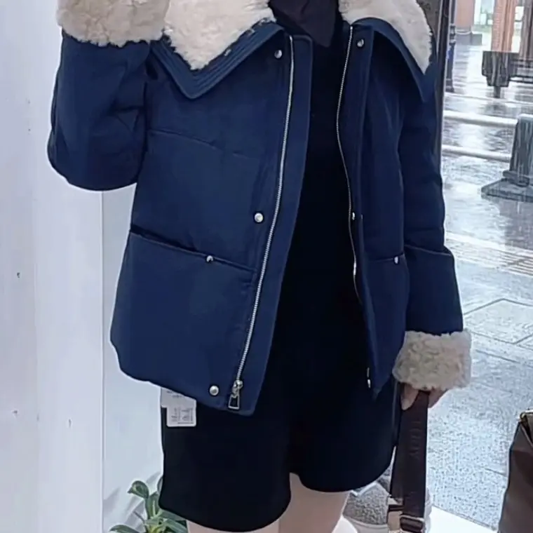 短款单排扣纯色女拉链翻领冬季时尚韩版秋冬羽绒棉服