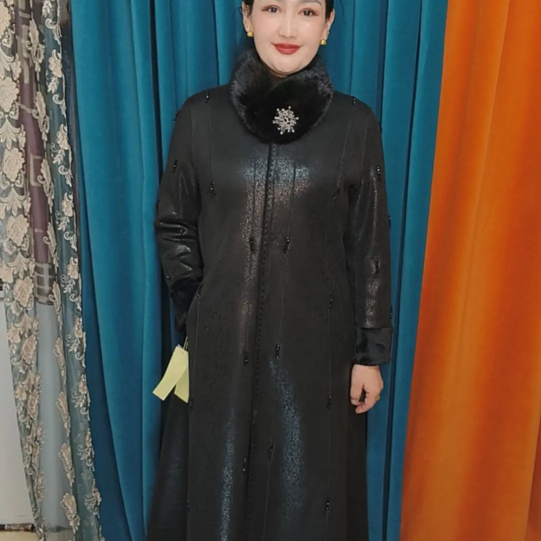 两面可穿冬季新款带钻加绒真皮外套高端中长大衣百搭气质款