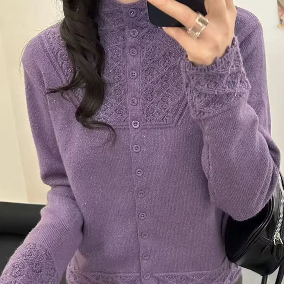 秋冬羊毛半高领花边镂空针织开衫女装新款减龄百搭020