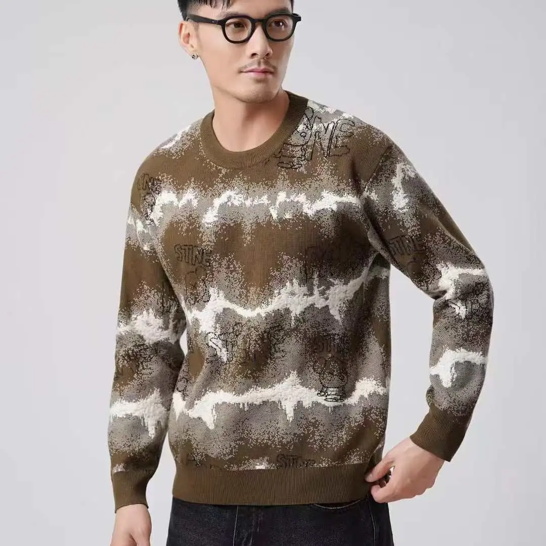 男士冬季韩版宽松拼色条纹加厚圆领针织毛衣时尚休闲保暖线衣