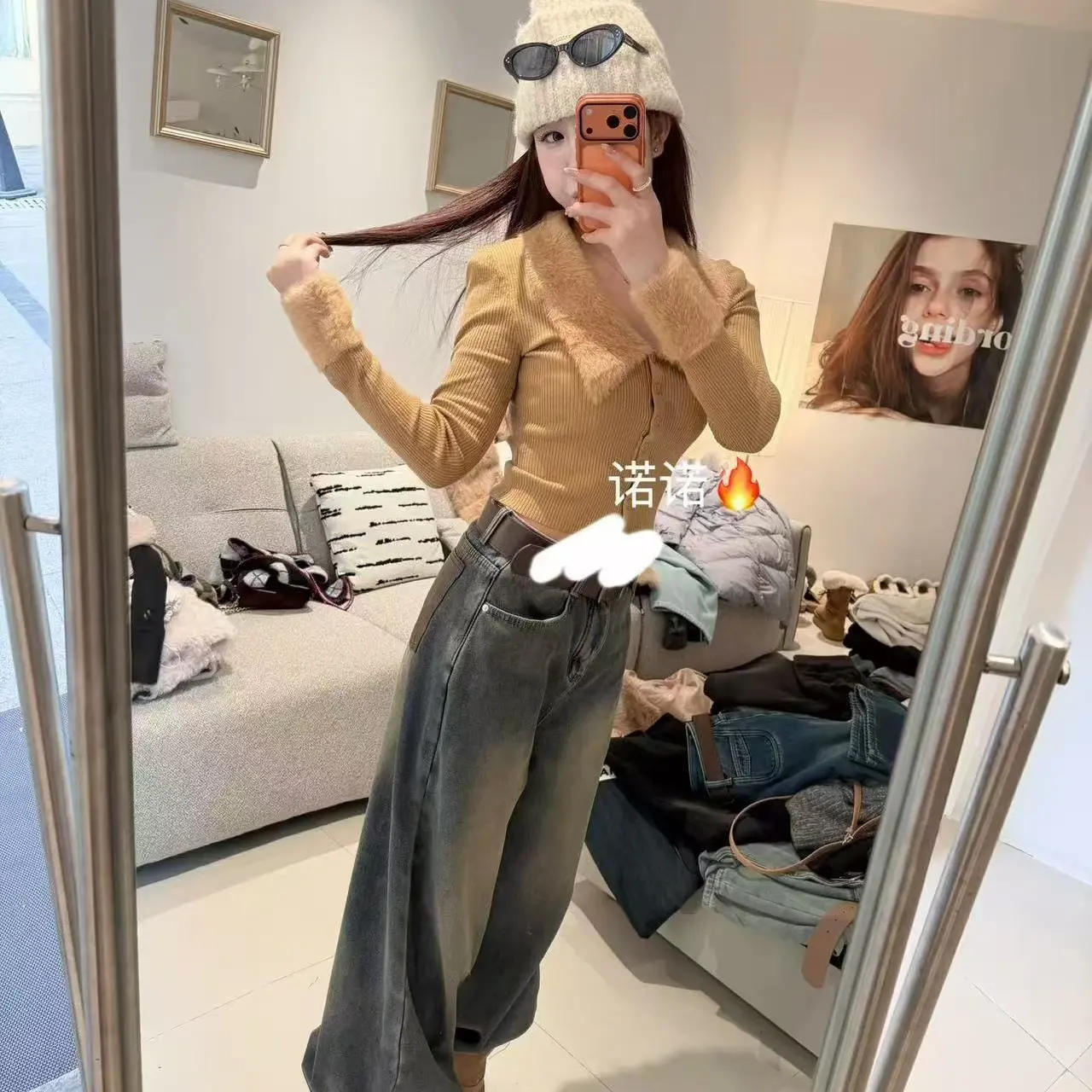 「小恋曲5706」大翻领仿貂拼接排扣针织开衫  