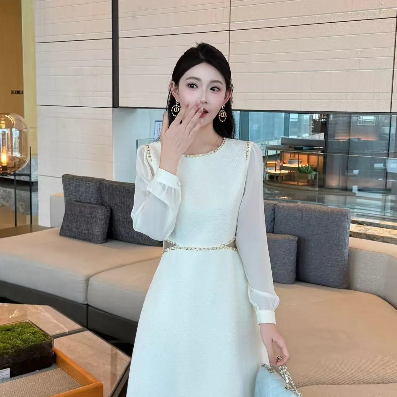 彬彬家秋季轻奢小香风收腰显瘦呢料小个子气质A字长袖连衣裙 053