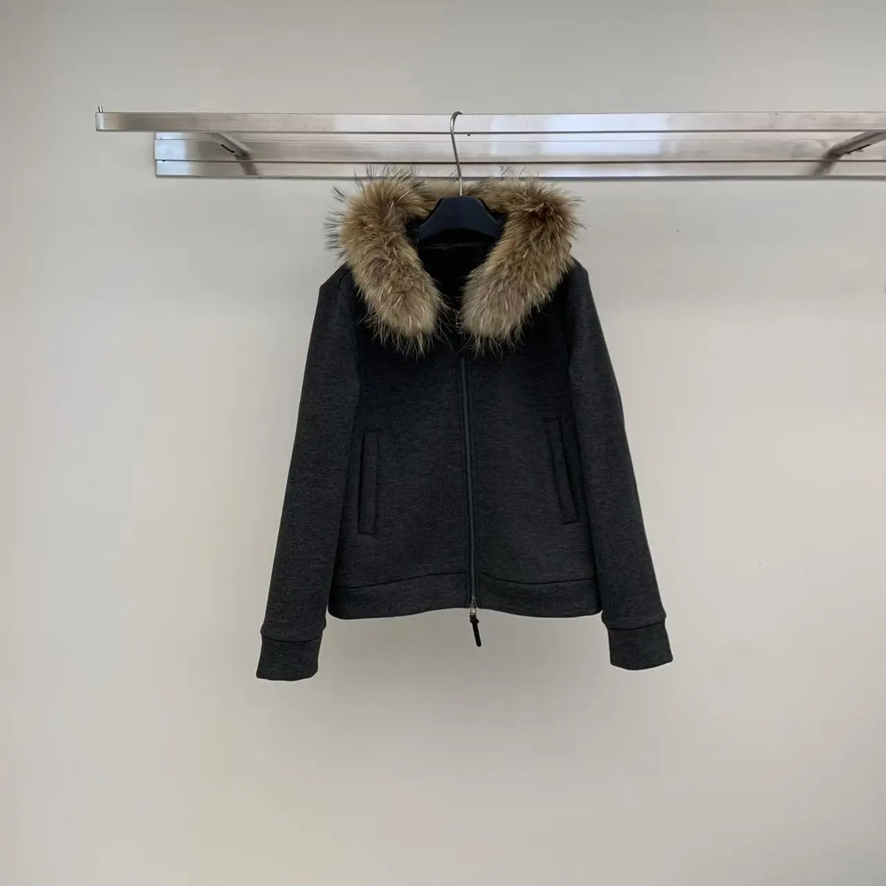 秋冬黑色重磅显瘦美式加绒可拆卸毛领短款外套女7078#