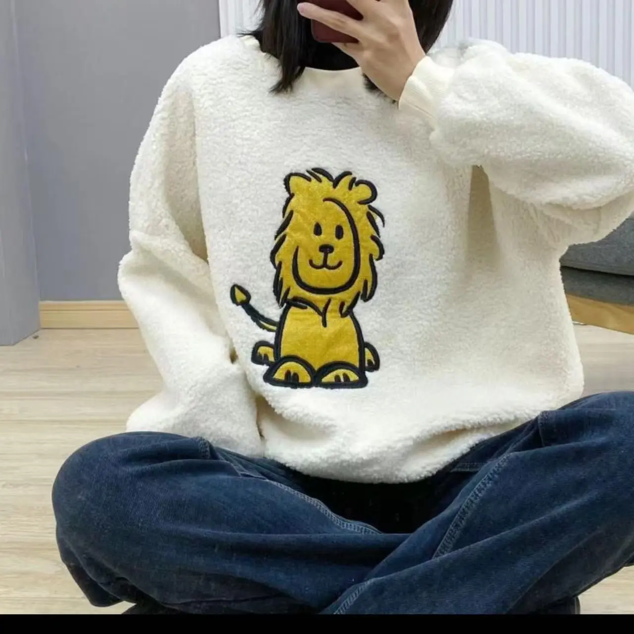 艳儿家【圆领套头羊羔毛卫衣】加绒加厚款百搭宽松秋冬重工