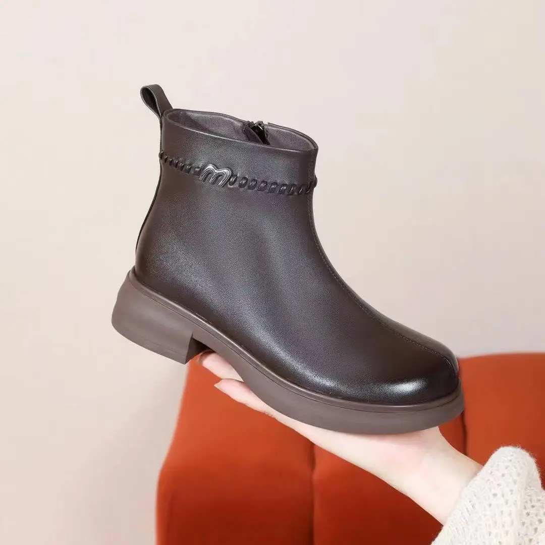 96A8321加厚冬季粗跟压花保暖侧拉链短靴百搭靴子瘦瘦靴