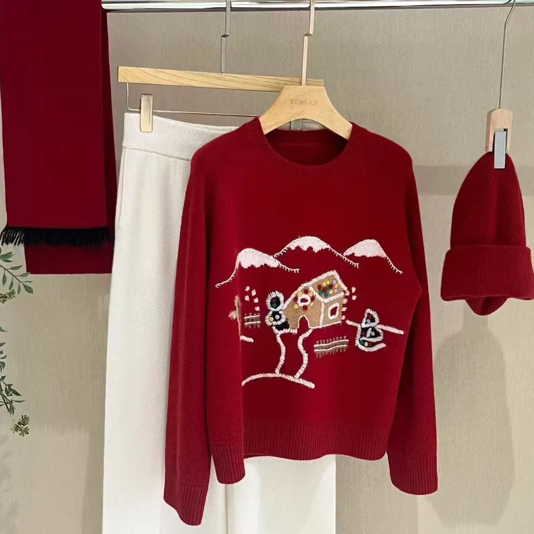 重工圆领手工刺绣山羊绒长袖毛衣秋冬季宽松休闲保暖套头打底衫女