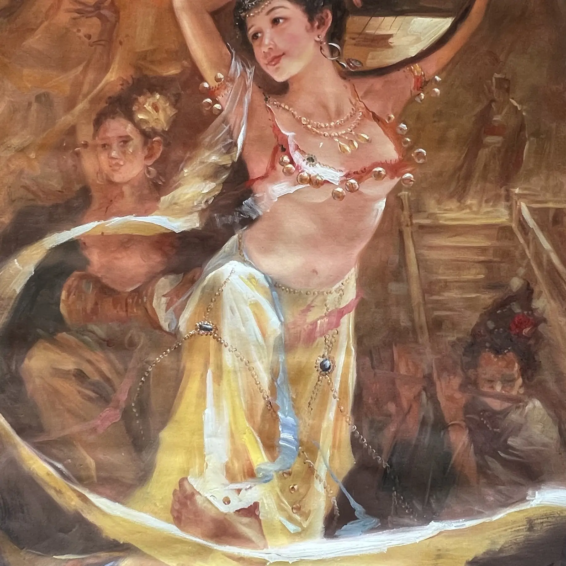 简约轻奢风格抱陶女主题酒店卧室装饰画75 X150厘米