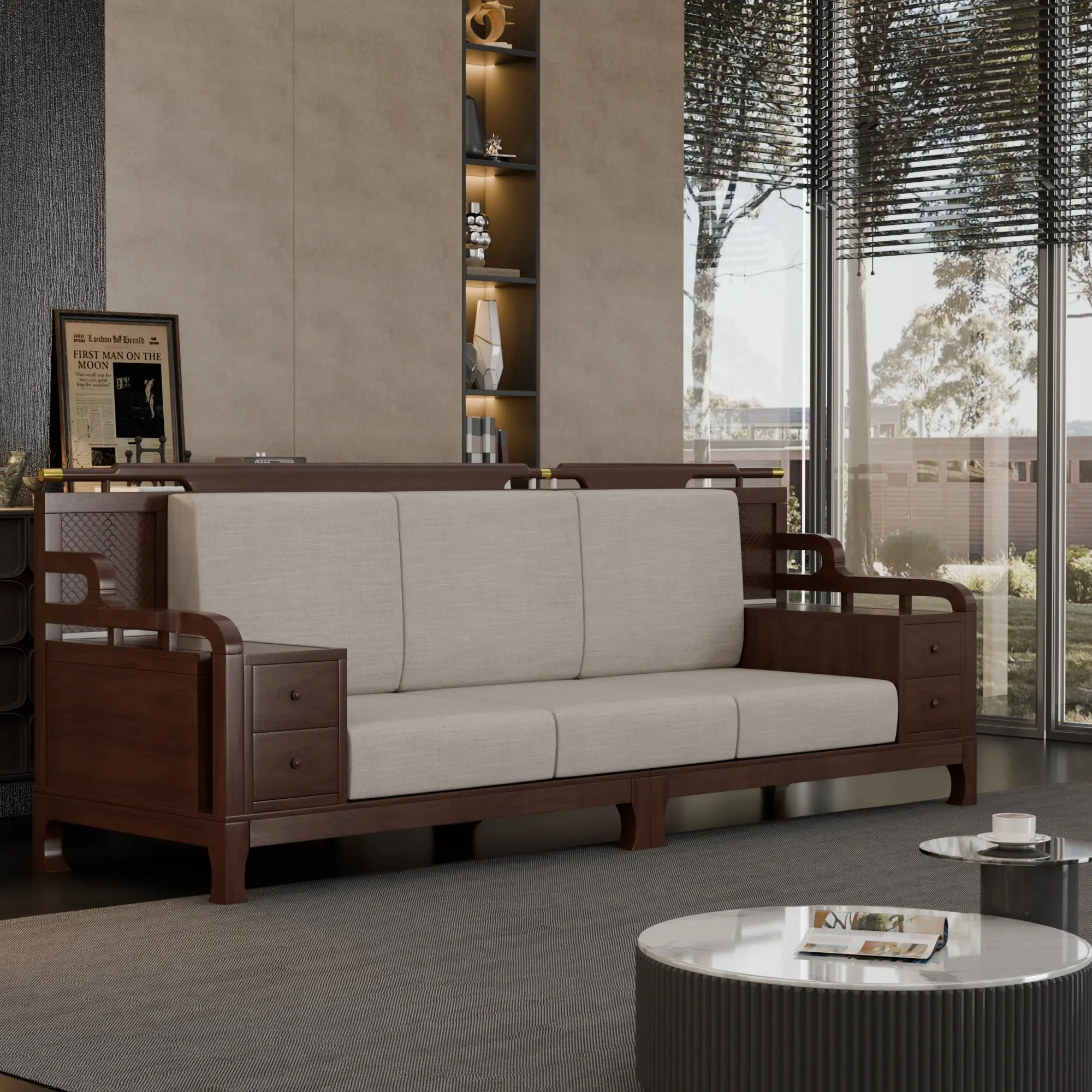 现代简约风格原木实木软包沙发