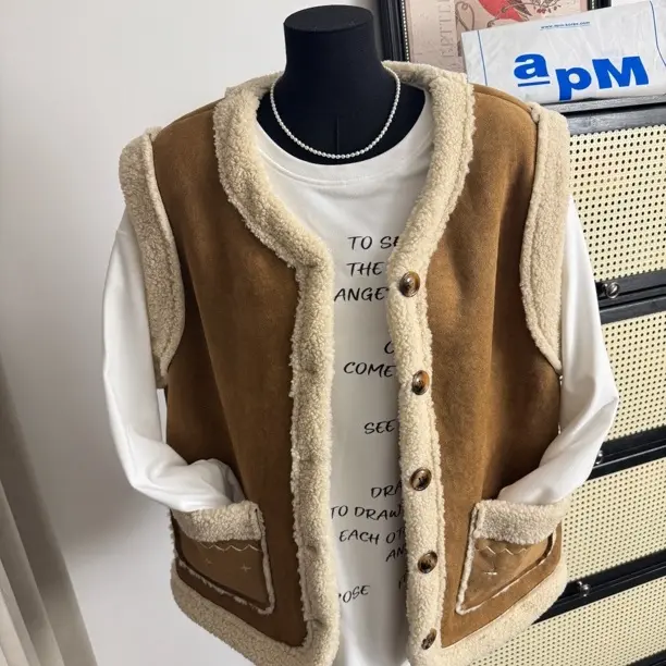 韩国保暖羊羔毛短款拼接秋季冬季马甲