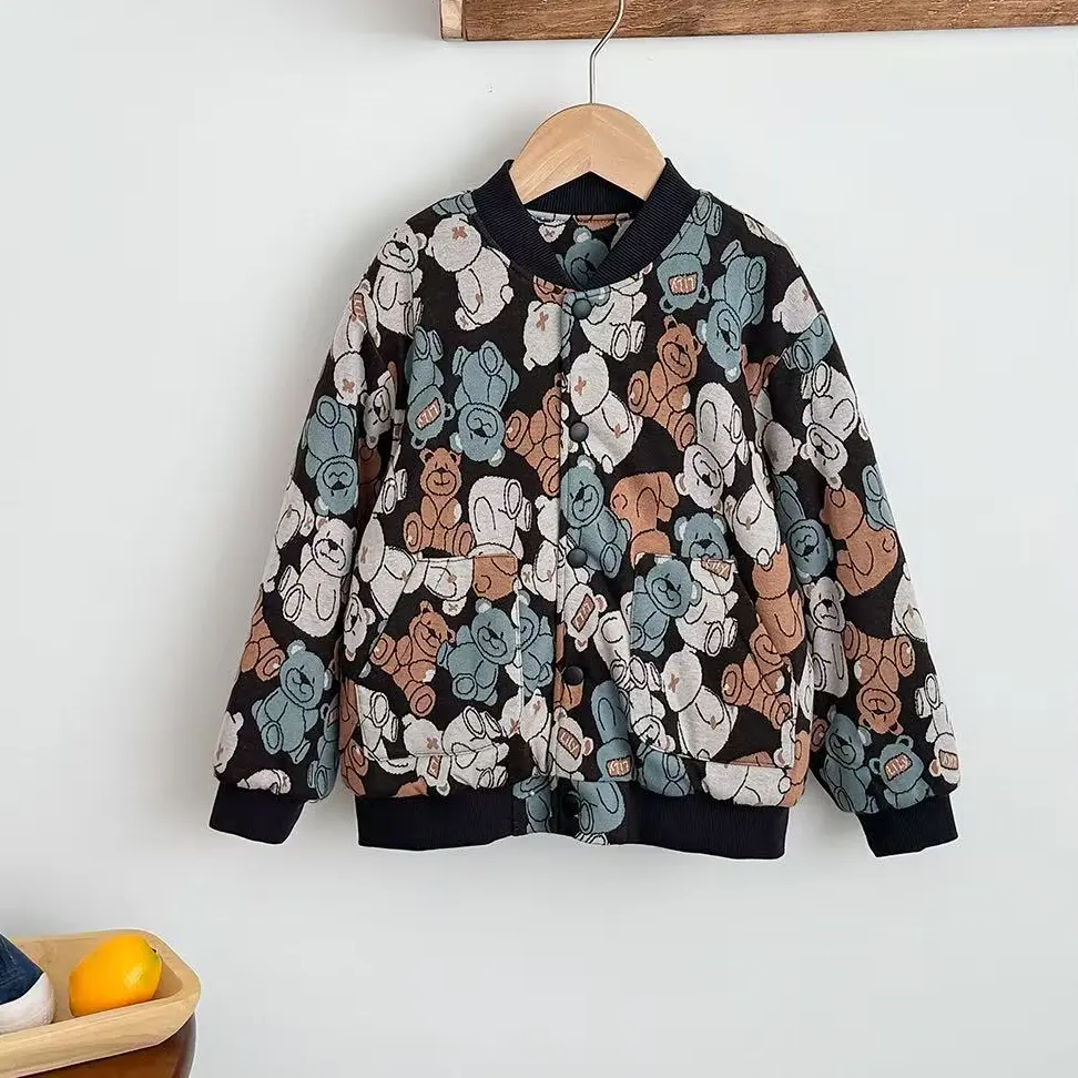 卡通格子黑色厚款韩版棉服卡通风加绒棉袄圆领保暖