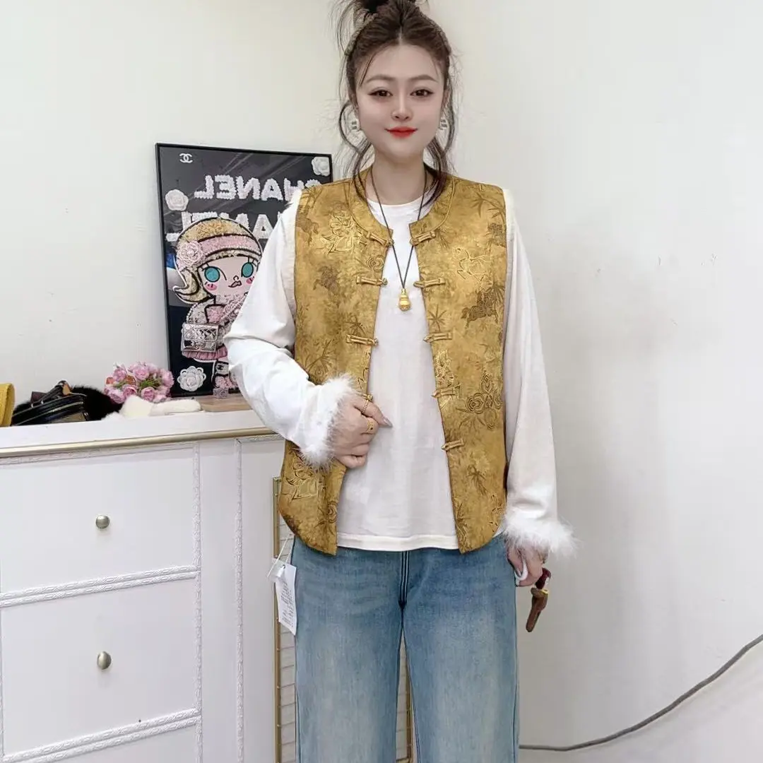 新中式国风提花盘扣立领刺绣无袖坎肩马甲外套女