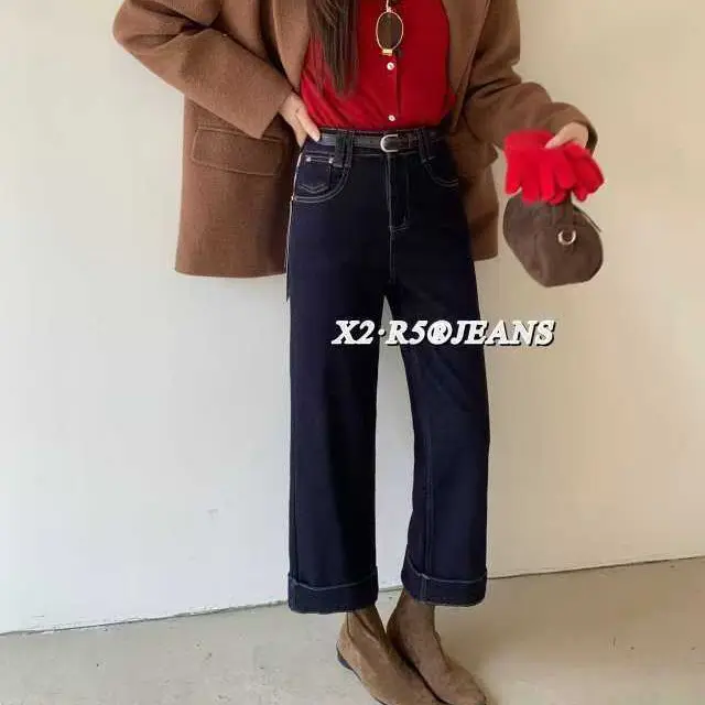 实体店No退No换，高腰显瘦翻边直筒牛仔裤遮胯遮肉显高