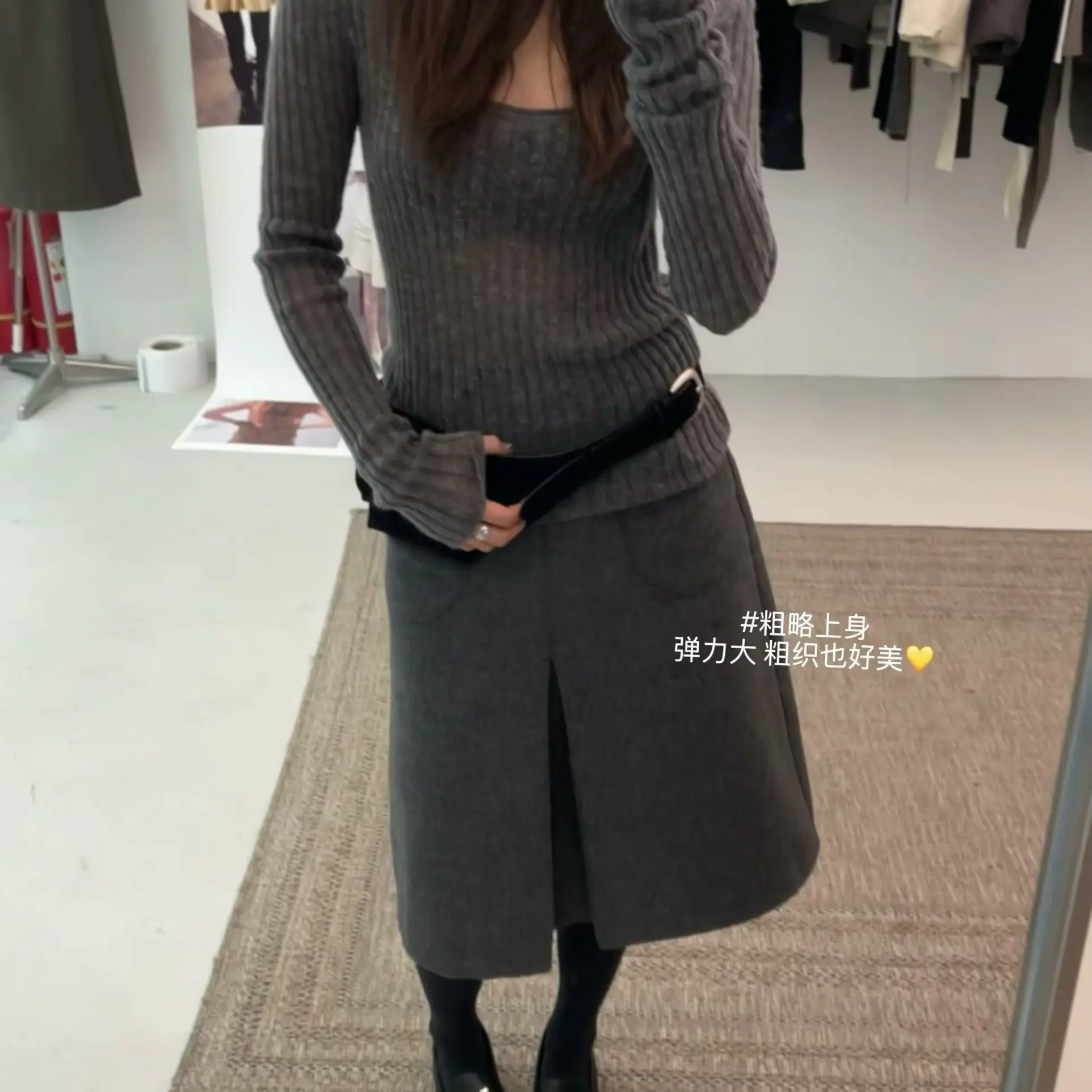 冬季复古韩系高腰显瘦毛呢半身裙A字中裙气质百搭配腰带格子压褶