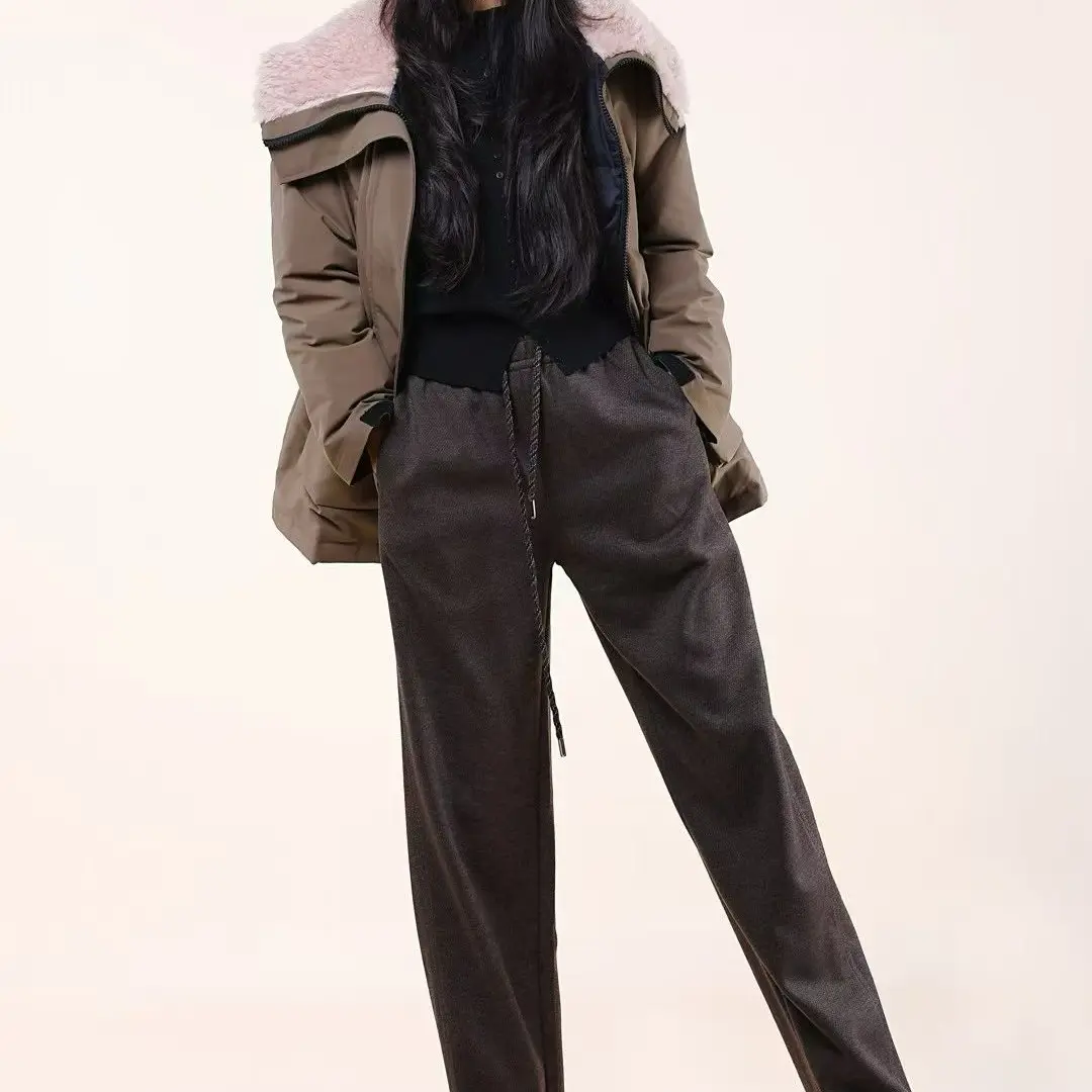 秋冬新款保暖高腰显瘦松紧腰直筒阔腿裤