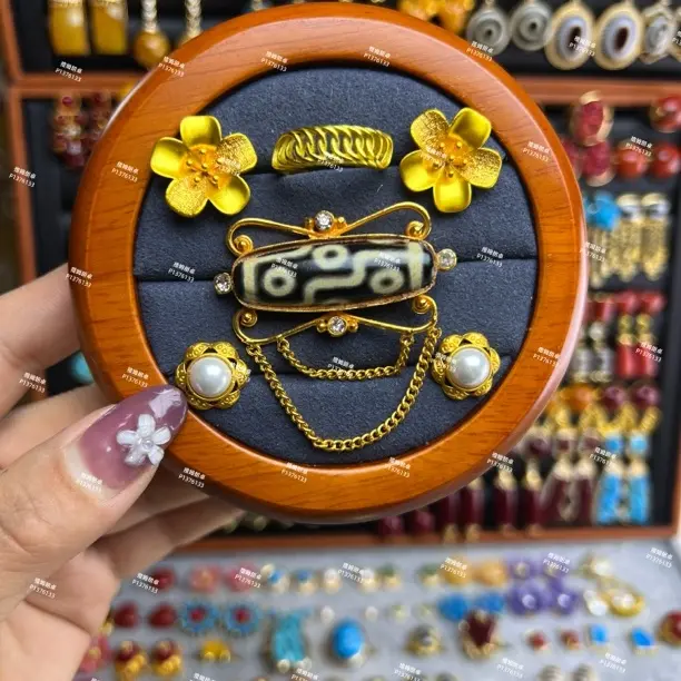 铜合金亚克力项链 民族风耳钉戒指胸针四件套铜合金