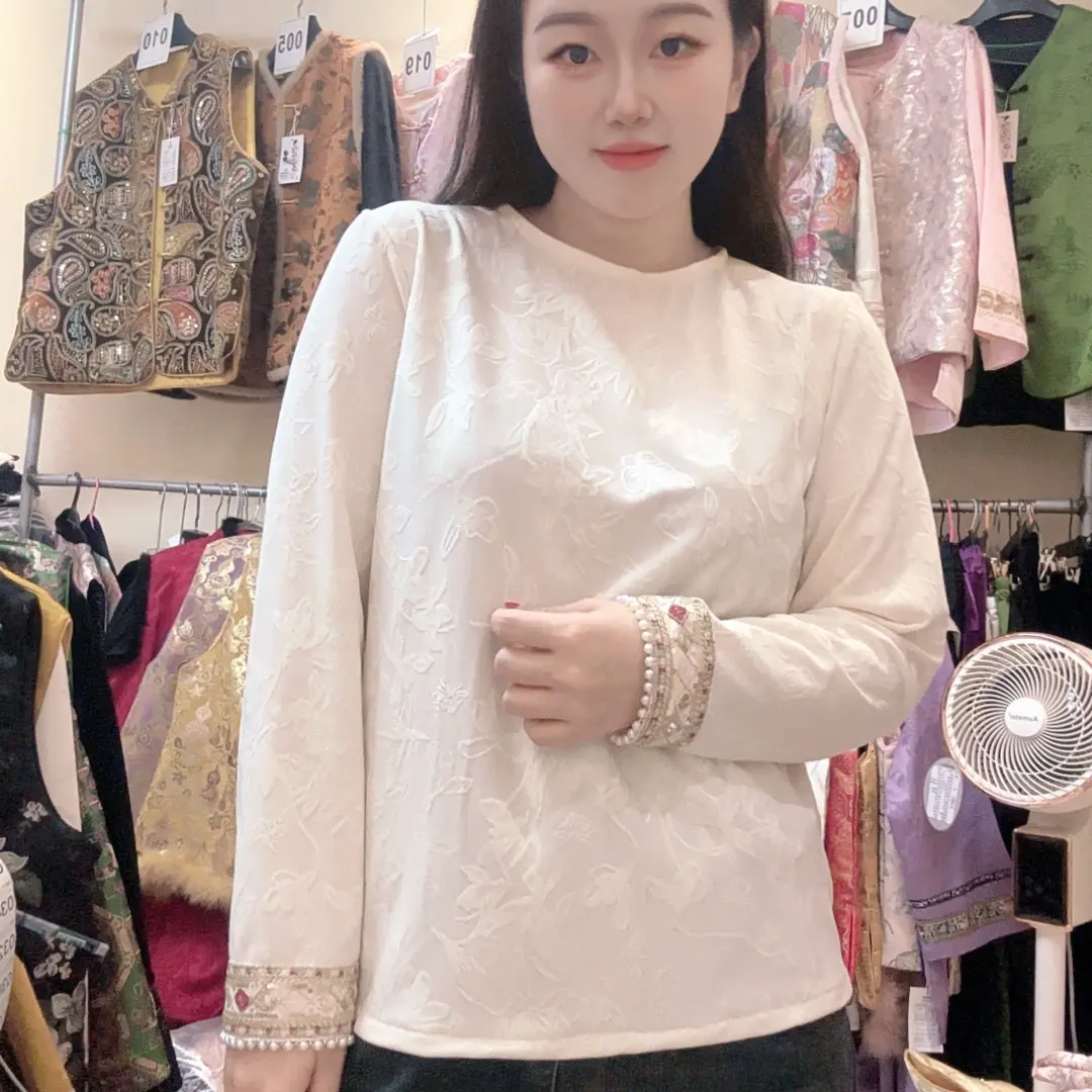 【美钰】新中式提花圆领拼接花边刺绣显瘦气质百搭女士上衣