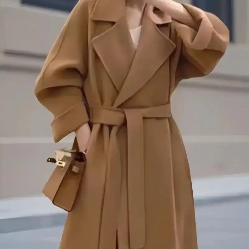 驼色加厚双面羊毛赫本风秋冬中长款毛呢大衣女