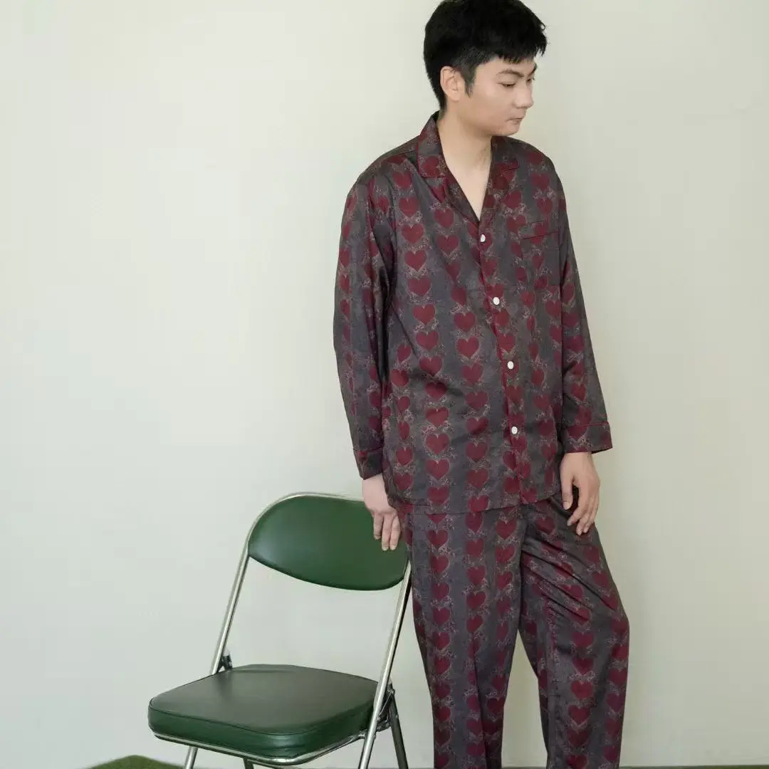 男女同款纯棉长袖睡衣春秋季全棉大码宽松翻领家居服套装可外穿