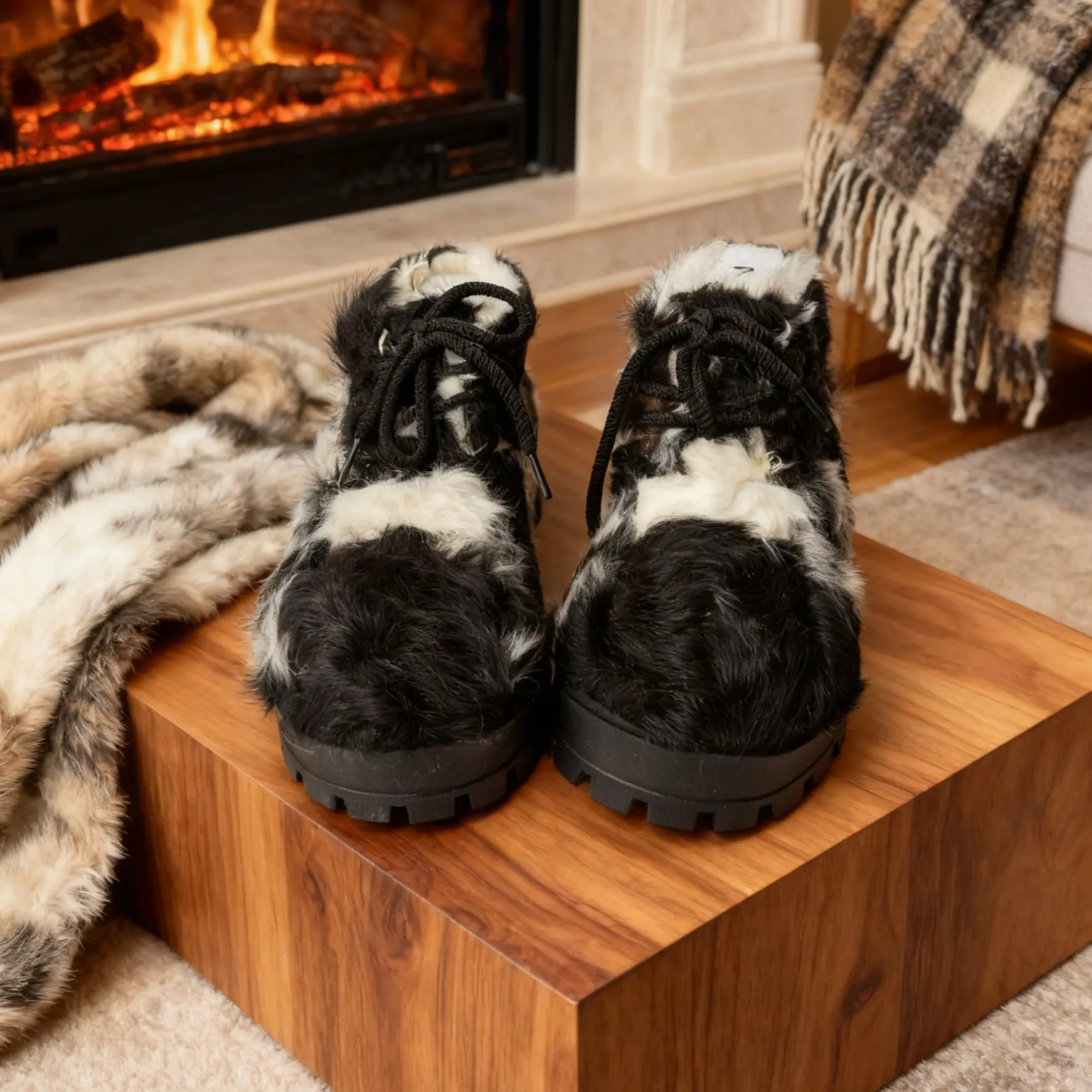 女士米奇头靴羊羔毛圆头加绒加厚日常保暖羊羔毛时装靴