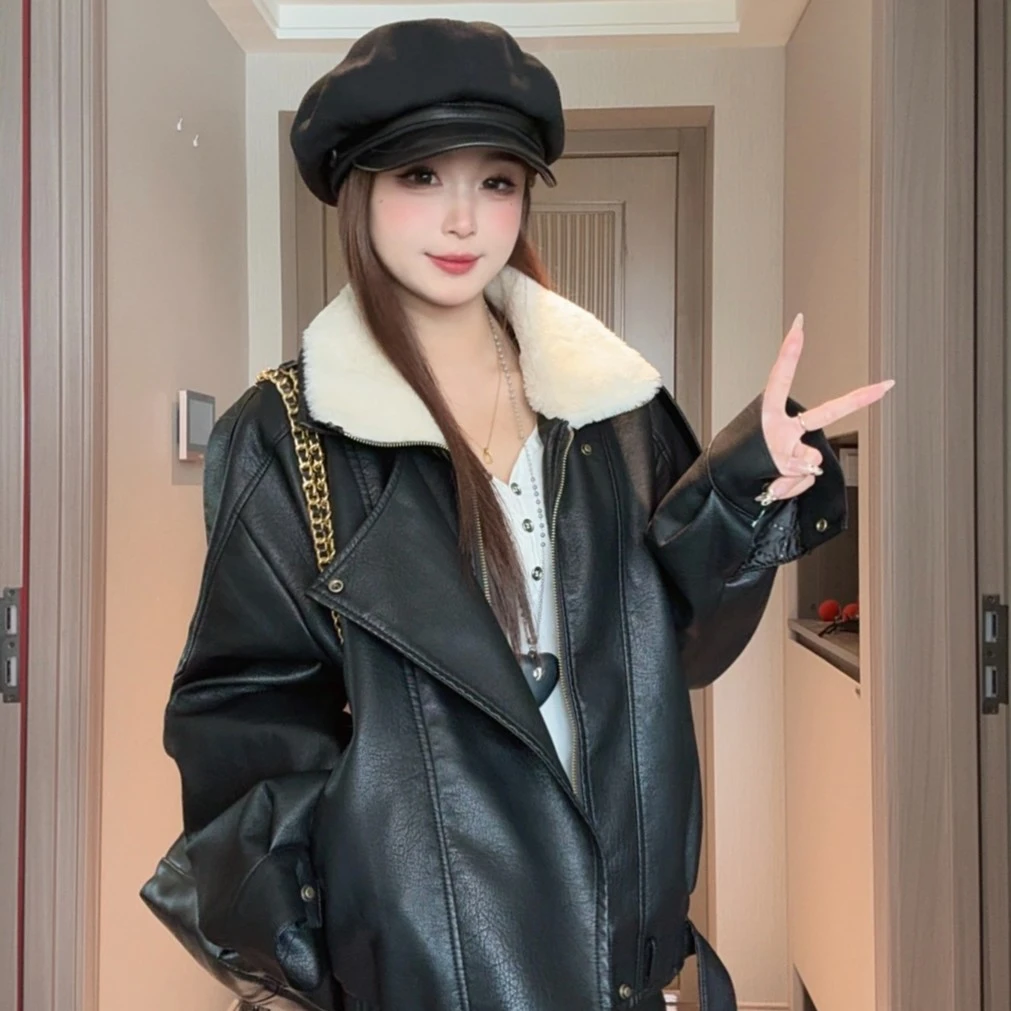 美式复古高端肌理感阔版双领机车皮衣女秋冬季新款加厚保暖外套