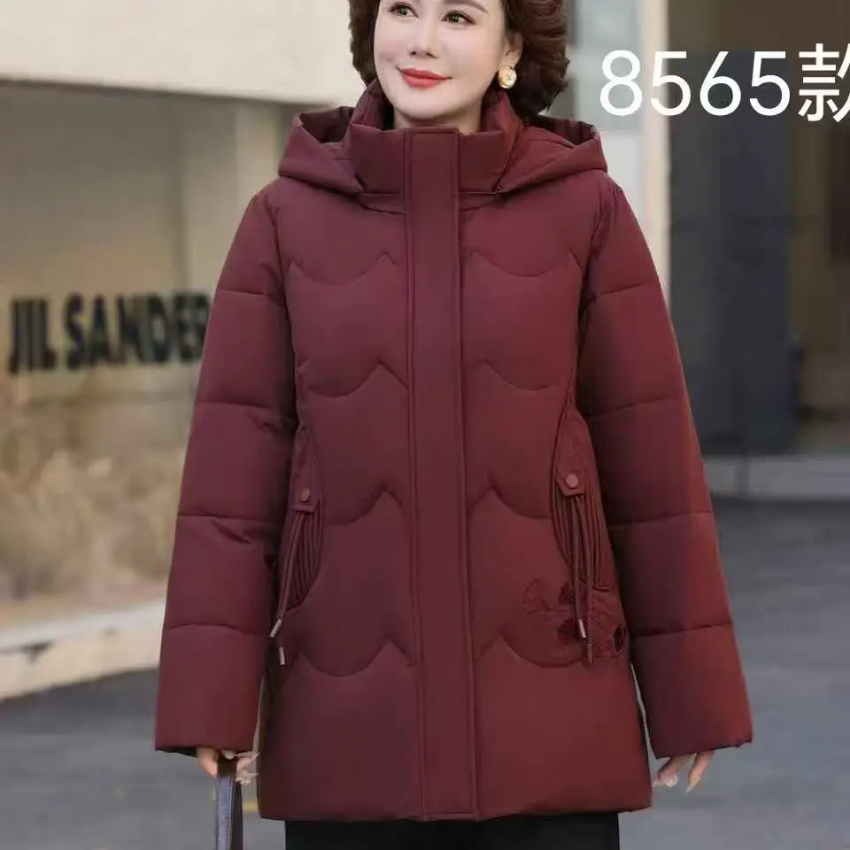 洋气妈妈冬季加厚中长款连帽大码中老年女士保暖棉衣外
