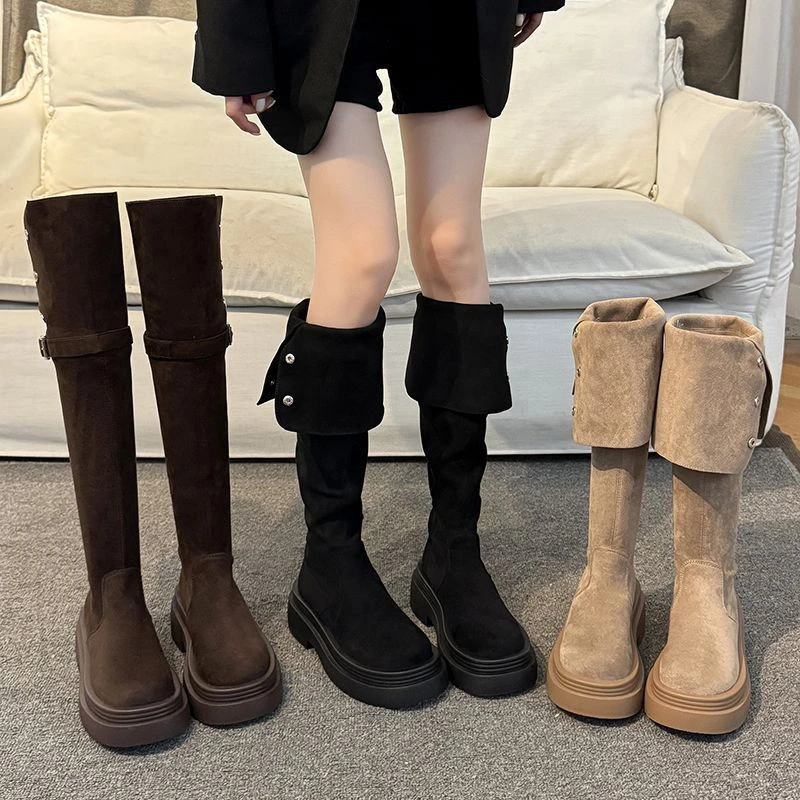 两穿翻折厚底长筒靴子女2025秋冬季新款粗跟时尚百搭过膝骑士靴子