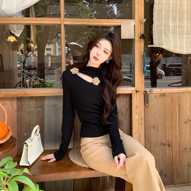 【白灵专属】A669设计感半高领镂空长袖修身上衣