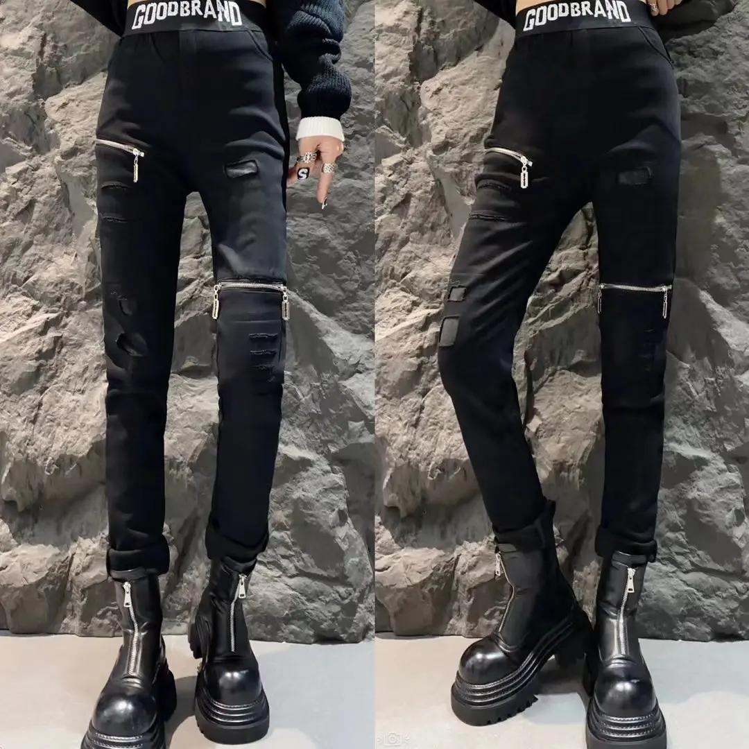 欧货潮牌小脚裤加绒重工拉链个性