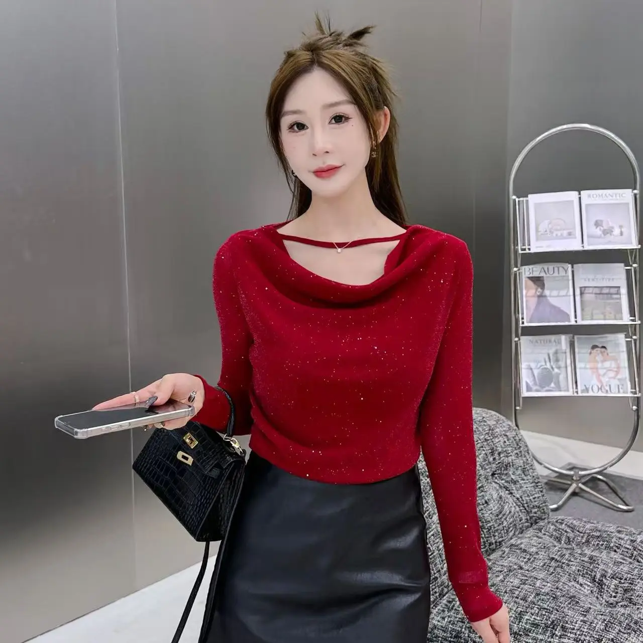 纯欲风荡领拼接长袖针织衫女秋冬修身显瘦内搭打底上衣