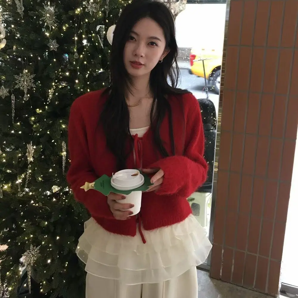 秋冬红色系带针织开衫女短款两件套