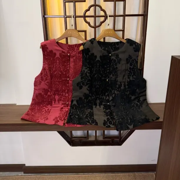 {烧花收腰马甲}新中式大码提花盘扣女士国风马甲秋冬