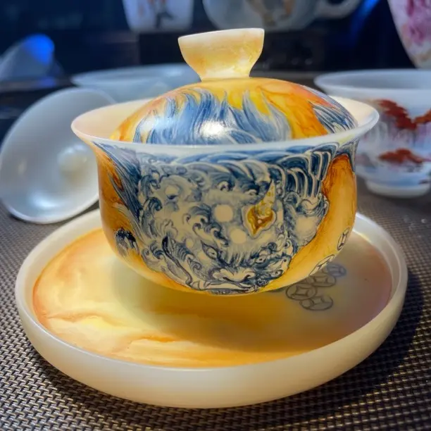 矾红釉里红龙吸水盖碗中式茶具茶杯