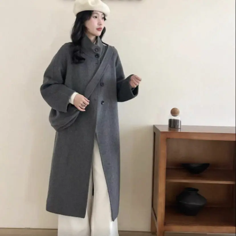 韩版长款立领宽松双面羊毛新款休闲带包包羊毛大衣