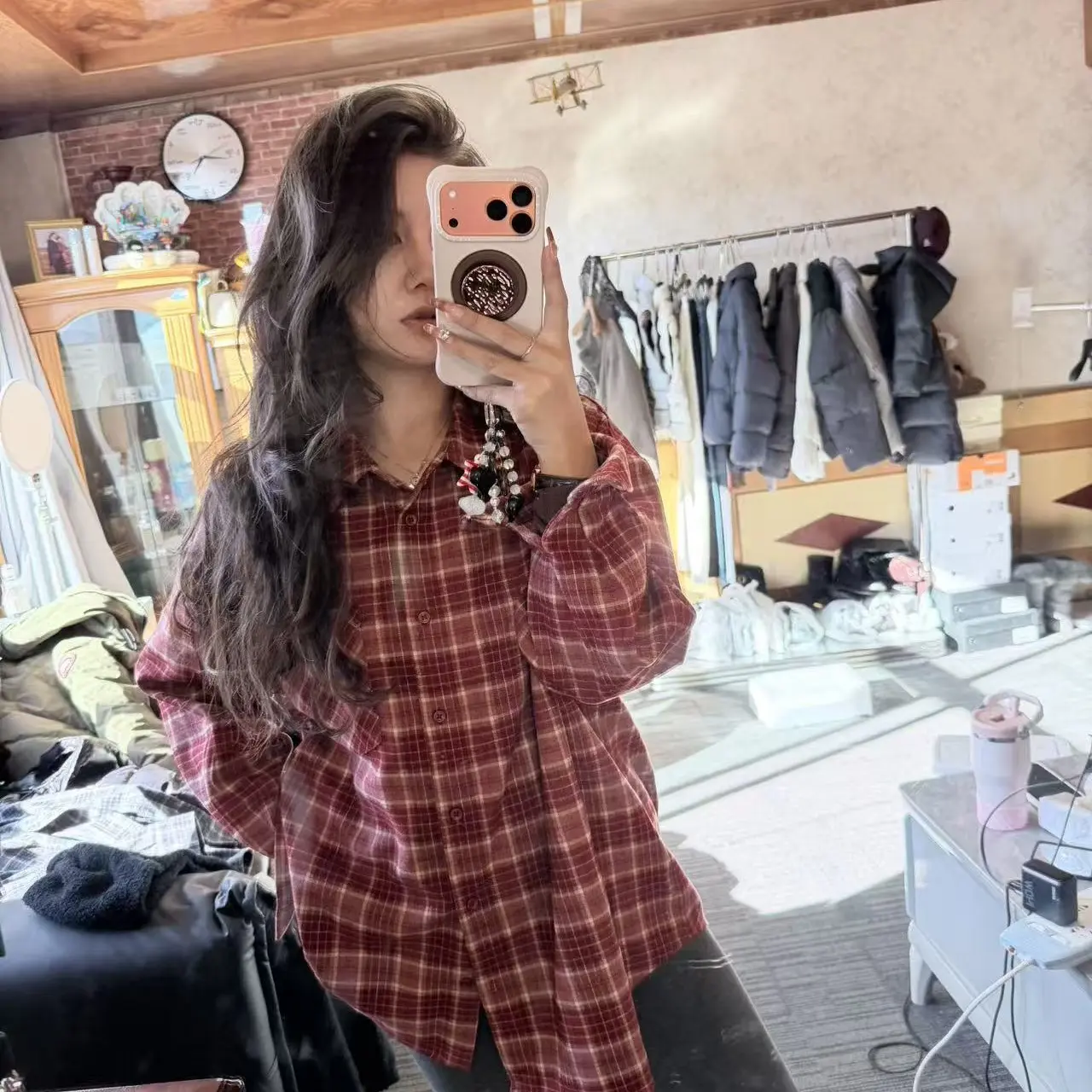 女士秋冬新款红色格纹翻领长袖宽松显瘦复古百搭衬衫外套