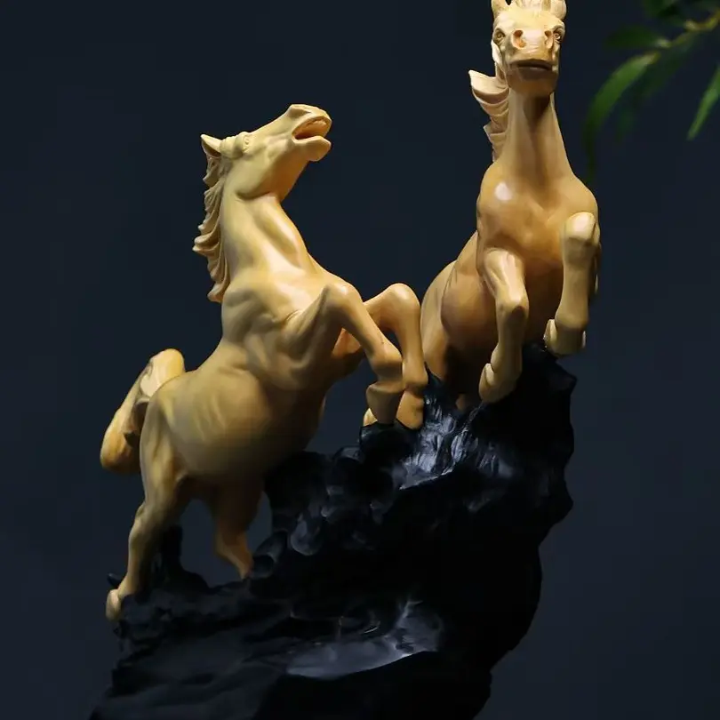 大叶黄杨木双马同奔幸福木雕摆件家用客厅装饰公司办公室送礼收藏