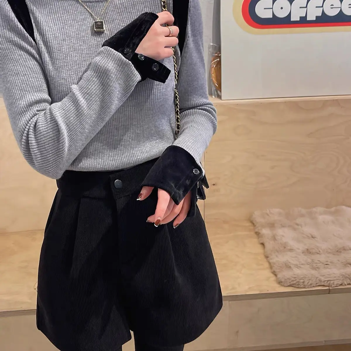 B5521冬款宽松丝绒拼接半高领套头百搭羊毛衫针织衫毛衣