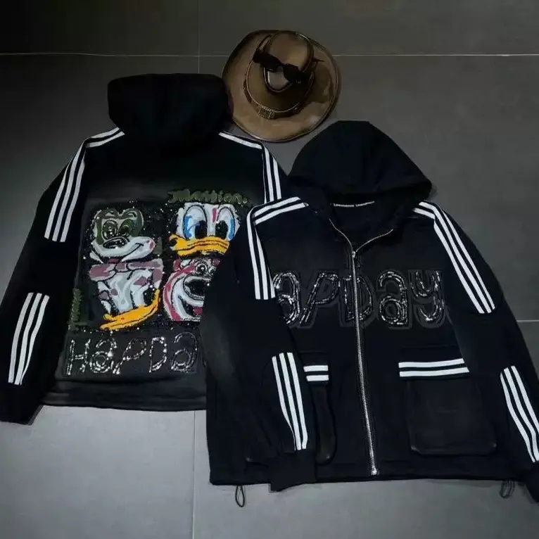FM宽松连帽加绒加厚外套秋冬季潮牌亮片刺绣百搭显瘦休闲上衣